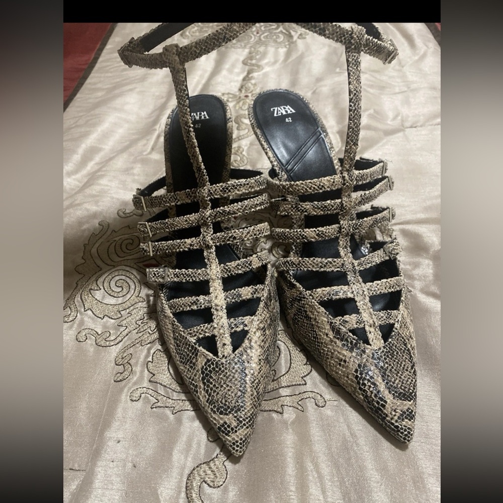 Zara Snake-Print Strappy Pointed-Toe Heels in Beige